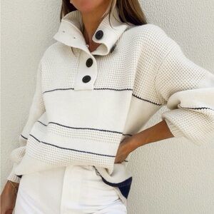Commense Navy and White Stretchy Nautical Sweater - Size Large